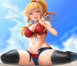  1girl ass_visible_through_thighs bangs bare_arms bare_shoulders bikini black_bikini black_legwear blonde_hair blue_eyes blue_sky blush breasts cleavage cloud cloudy_sky collarbone commentary_request denim denim_shorts front-tie_bikini front-tie_top hair_ornament hair_scrunchie half-closed_eyes highres idolmaster idolmaster_cinderella_girls jewelry large_breasts long_hair looking_at_viewer navel necklace ootsuki_yui open_mouth outdoors ponytail red_bikini red_nails red_scrunchie scrunchie shogun_(a96040021) short_shorts shorts sitting sky smile solo swimsuit thighhighs tongue tongue_out upper_teeth w wavy_hair wide_spread_legs wristlet 