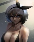  1girl bare_shoulders bikini black_bikini blue_eyes breasts cleavage collarbone highres large_breasts light lips pokemon pokemon_(game) pokemon_swsh saitou_(pokemon) sana!rpg shaded_face shoulders silver_hair swimsuit 