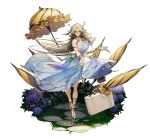  1girl armlet bare_shoulders breasts dress earrings flower full_body hair_between_eyes hair_flower hair_ornament hair_ribbon han-0v0 highres jewelry large_breasts looking_at_viewer platinum_blonde_hair ribbon signature solo song_of_time suitcase umbrella yellow_eyes 