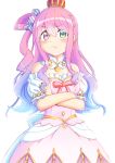  1girl blush candy_hair_ornament commentary_request crossed_arms crown dress food_themed_hair_ornament hair_between_eyes hair_ornament hair_rings highres himemori_luna hololive long_hair looking_at_viewer pink_hair pout simple_background solo virtual_youtuber white_background 
