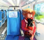  1boy bag bangs black_shirt blonde_hair brown_hair closed_eyes drooling facing_viewer hair_between_eyes holding holding_bag indoors jacket long_sleeves multicolored_hair open_clothes open_jacket open_mouth red_jacket shiny shiny_hair shirt sitting sk816 solo_focus train_interior two-tone_hair yuu-gi-ou yuu-gi-ou_gx yuuki_juudai 