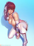  1girl arm_guards blue_background breasts brown_eyes brown_hair convenient_arm dead_or_alive detached_sleeves eyelashes full_body hair_ribbon highres kasumi_(doa) large_breasts lips long_hair looking_to_the_side nikita_varb nipples nose nude one_knee patreon_username ponytail ribbon shin_guards skindentation solo tabi thighs watermark web_address white_legwear white_sleeves 