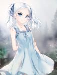  1girl arm_behind_back blue_dress blue_eyes blue_ribbon closed_mouth collarbone dress floating_hair gigamessy hair_ribbon long_hair looking_at_viewer original ribbon silver_hair sleeveless sleeveless_dress smile solo standing sundress twintails 