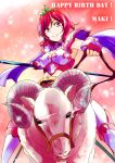  1girl bangs breastplate cape character_name closed_mouth fingerless_gloves gloves hair_between_eyes happy_birthday horns long_hair looking_at_viewer love_live! love_live!_school_idol_project nishikino_maki purple_eyes red_gloves red_hair riding shiny shiny_hair shoulder_armor smile solo spaulders urutsu_sahari 