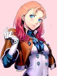  1girl annette_fantine_dominic blue_eyes capelet closed_mouth datcravat fire_emblem fire_emblem:_three_houses gloves highres orange_hair pink_background simple_background solo twitter_username upper_body white_gloves 