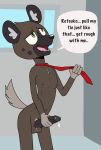  aggressive_retsuko anthro balls black_penis blush bodily_fluids english_text erection fur genital_fluids genitals haida hand_on_penis hi_res holding_penis hyaenid jessotter_(artist) male mammal monotone_necktie necktie_only nipples open_mouth penis pink_tongue precum red_necktie sanrio speech_bubble text tongue 