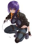  1girl amania_orz bangs black_gloves breasts covered_nipples dated fingerless_gloves ghost_in_the_shell ghost_in_the_shell:_sac_2045 gloves highres kusanagi_motoko looking_up medium_breasts purple_hair red_eyes short_hair solo squatting twitter_username white_background wire 