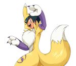  2020 ash_ketchum blue_eyes canid canine claws clothing digimon digimon_(species) eyebrows fur gloves handwear head_markings human human_to_anthro leg_markings looking_back male mammal markings nintendo pok&eacute;mon purple_claws purple_markings renamon scittykitty simple_background smile solo species_transformation transformation tuft video_games white_background white_body white_fur yellow_body yellow_fur 