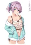  1girl aqua_eyes aqua_hoodie batsubyou blush breasts camisole cat cowboy_shot ebifurya hair_ornament highres hood hoodie kantai_collection light_blush navel open_mouth pink_hair ponytail shiranui_(kantai_collection) short_hair short_shorts shorts sleeveless small_breasts solo stomach twitter_username white_background 