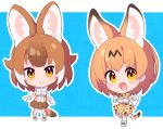  2girls animal_ears blush breasts brown_hair chibi closed_mouth dhole_(kemono_friends) elbow_gloves eyebrows_visible_through_hair gloves highres kemono_friends looking_at_viewer medium_breasts multicolored_hair multiple_girls open_mouth orange_eyes orange_hair serval_(kemono_friends) serval_ears serval_tail short_hair smile tail takosuke0624 two-tone_hair white_hair 