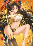  1girl armlet asymmetrical_legwear asymmetrical_sleeves bangs blush breasts brown_hair closed_mouth crown earrings fate/grand_order fate_(series) gem gold_trim heavenly_boat_maanna highres hoop_earrings ishtar_(fate)_(all) ishtar_(fate/grand_order) jewelry large_breasts long_hair looking_at_viewer navel neck_ring parted_bangs pointing pointing_at_viewer red_eyes single_sleeve single_thighhigh smile sparkle thighhighs tiara two_side_up villyane weapon yellow_background 