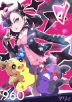  1girl absurdres aqua_eyes asymmetrical_bangs bangs black_choker black_hair black_jacket black_nails blush choker commentary_request dress dusk_ball earrings gen_8_pokemon hair_ribbon highres holding holding_poke_ball jacket jewelry long_sleeves looking_at_viewer mary_(pokemon) medium_hair morpeko morpeko_(full) morpeko_(hangry) open_clothes pink_dress poke_ball pokemon pokemon_(creature) pokemon_(game) pokemon_swsh pon_yui rare_candy red_ribbon ribbon team_yell 