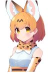 1girl animal_ears blush bow bowtie closed_mouth elbow_gloves eyebrows_visible_through_hair gloves highres kemono_friends looking_at_viewer orange_eyes orange_hair serval_(kemono_friends) serval_ears short_hair sleeveless smile solo takosuke0624 upper_body 