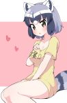 1girl :o alternate_costume animal_ear_fluff animal_ears bare_legs between_legs black_hair blush brown_eyes clothes_writing common_raccoon_(kemono_friends) eyebrows_visible_through_hair grey_hair hand_between_legs hand_on_own_chest heart highres kemono_friends looking_at_viewer multicolored_hair raccoon_ears raccoon_girl raccoon_tail shirt short_hair short_sleeves simple_background sitting solo striped_tail t-shirt tail takosuke0624 translation_request white_hair yellow_shirt 