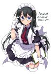  1girl alternate_costume apron black-framed_eyewear black_dress black_hair blue_eyes blush cropped_legs dated dress enmaided garter_straps glasses gloves hair_between_eyes holding kantai_collection long_hair maid maid_apron maid_dress maid_headdress odawara_hakone ooyodo_(kantai_collection) short_sleeves simple_background smile solo thighhighs twitter_username white_apron white_background white_gloves white_legwear 