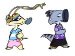  2020 3_toes 4:3 alien aloha_shirt asexual_pride_colors black_bottomwear black_clothing black_shorts blue_clothing blue_eyes blue_shirt blue_topwear bottomwear brown_nose clothing digital_drawing_(artwork) digital_media_(artwork) dipstick_tail disney duo experiment_(lilo_and_stitch) eyewear eyewear_on_head grey_body half-closed_eyes hammerface hand_on_hip hi_res lgbt_pride lilo_and_stitch male_(lore) markings multicolored_tail narrowed_eyes pin_button pink_bottomwear pink_clothing pink_shorts pride_colors pupils purple_clothing purple_shirt purple_topwear rainbow_flag rainbow_pride_flag rainbow_pride_flag_(philadelphia) rainbow_symbol shirt shorts simple_background smile sparky_(lilo_and_stitch) starryblast9 sunglasses sunglasses_on_head tail_markings toes topwear transgender_pride_colors white_background white_pupils yellow_body 