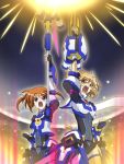  2girls alternate_costume blue_eyes breasts brown_hair cosplay crossover energy_ball eyebrows_visible_through_hair flat_chest gauntlets gloves height_difference light_brown_hair looking_up lyrical_nanoha magical_girl medium_breasts medium_hair multiple_girls navel open_mouth scarf screaming senki_zesshou_symphogear senki_zesshou_symphogear_xd_unlimited short_hair tachibana_hibiki_(symphogear) takamachi_nanoha takamachi_nanoha_(cosplay) twintails yellow_eyes 