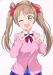  1girl absurdres bangs blue_skirt blunt_bangs blush bow buttons collared_shirt cosplay eyebrows_behind_hair hair_bow hair_rings highres light_brown_hair long_sleeves love_live! love_live!_school_idol_project minami_kotori one_eye_closed otonokizaka_school_uniform pink_sweater plaid plaid_skirt red_bow school_uniform shirt simple_background skirt solo striped striped_bow sweater twintails upper_body v wewe yazawa_nico yazawa_nico_(cosplay) yellow_eyes 