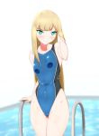  1girl bangs blonde_hair blue_swimsuit blunt_bangs blurry collarbone competition_swimsuit danpu depth_of_field fate/grand_order fate_(series) flat_chest green_eyes highleg highleg_swimsuit highres long_hair looking_at_viewer one-piece_swimsuit pool pool_ladder reines_el-melloi_archisorte smile solo swimsuit wet 