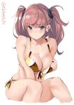  1girl atlanta_(kantai_collection) bikini bikini_bottom bikini_top black_scrunchie blush breasts brown_hair earrings ebifurya front-tie_bikini front-tie_top gold_bikini gold_swimsuit grey_eyes highres jewelry kantai_collection large_breasts long_hair scrunchie side-tie_bikini star_(symbol) star_earrings string_bikini swimsuit twintails twitter_username two_side_up white_background 