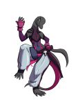  alpha_channel anthro armwear barefoot bottomwear capcom clothed clothing cosplay furball gloves handwear hi_res juri_han midriff multicolored_tail nintendo pink_body pink_gloves pink_handwear pink_tail pok&eacute;mon pok&eacute;mon_(species) purple_armwear purple_clothing salazzle solo street_fighter video_games 
