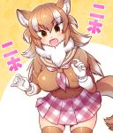  1girl animal_ears blush breasts brown_hair brown_legwear commentary commentary_request empty_eyes eyebrows_visible_through_hair fang gloves japanese_wolf_(kemono_friends) kemono_friends large_breasts medium_skirt multicolored_hair open_mouth plaid_neckwear skirt solo tail thighhighs totokichi two-tone_hair white_gloves white_hair wolf_ears wolf_girl wolf_tail zettai_ryouiki 