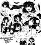  1boy 1girl bird_wings blush breasts chair cigarette english_text feathered_wings feathers formicid hat lying monochrome no_eyes nude o_o pom_pom_(clothes) shameimaru_aya sitting skirt smoking sweat thought_bubble tokin_hat tongue touhou wings 