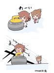  2girls baby blue_sailor_collar brown_eyes chasing closed_eyes commentary_request crying curling curling_stone dress fang folded_ponytail ikazuchi_(kantai_collection) inazuma_(kantai_collection) kantai_collection kotanu_(kotanukiya) long_hair multiple_girls neckerchief open_mouth red_neckwear riding sailor_collar sailor_dress short_hair skin_fang speed_lines translation_request wavy_mouth white_dress younger 