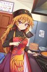  1girl ? adapted_costume apron black_shirt blonde_hair closed_mouth clownpiece contemporary cooking door drawing english_commentary english_text exhaust_hood food frying_pan hair_between_eyes head_scarf hecatia_lapislazuli highres junko_(touhou) kitchen long_hair long_sleeves looking_at_viewer pancake plate red_eyes refrigerator shirt skirt smile solo spatula spoken_question_mark stack_of_pancakes stove tape touhou turtleneck very_long_hair wool_(miwol) 