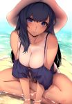  1girl absurdres bangs bare_shoulders black_hair blue_eyes blue_shirt breasts cleavage closed_mouth eyebrows_visible_through_hair hair_between_eyes hat highres large_breasts long_hair looking_at_viewer mole mole_on_breast original partially_submerged ryuji_(ikeriu) shirt sitting sun_hat tan tanline water 