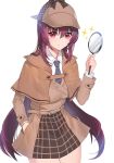  1girl alternate_costume belt breasts capelet cosplay damda deerstalker detective fate/grand_order fate_(series) hat holding_magnifying_glass long_hair looking_at_viewer magnifying_glass necktie plaid plaid_headwear plaid_skirt purple_hair red_eyes scathach_(fate)_(all) scathach_(fate/grand_order) sherlock_holmes sherlock_holmes_(cosplay) skirt smile solo sparkle 