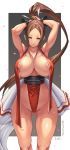  1girl 2020 adjusting_hair amamiya_(abaros) areolae breasts brown_eyes brown_hair fatal_fury forehead high_ponytail highleg highres huge_breasts long_hair looking_at_viewer nipple_slip nipples obi open_mouth revealing_clothes sash shiranui_mai solo the_king_of_fighters twitter_username 