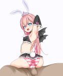  1boy 1girl animal_ears ass black_skirt blue_eyes blush breasts bunny_ears bunny_tail cameltoe covered_nipples cowgirl_position detached_sleeves fake_animal_ears fake_tail hetero highres jinani long_hair microskirt open_mouth panties penis pink_hair pink_panties simple_background skirt solo_focus soul_worker star-shaped_pupils star_(symbol) stella_unibell straddling striped striped_panties symbol-shaped_pupils tail testicles underwear white_background white_panties wings 