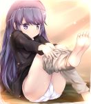  1girl ass barefoot black_shirt brown_pants commentary_request dressing expressionless feet gc3 leaning_back leg_up legs long_hair panties pants purple_eyes purple_hair shima_rin shirt sitting soles solo thighs toes underwear white_panties yurucamp 