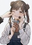  1girl 1other arms_up bag bangs blunt_bangs blush bracelet brown_eyes brown_hair cheek_pinching chocolate confused double_bun earrings food grey_background grey_shirt hair_bun hand_on_another&#039;s_cheek hand_on_another&#039;s_face hands_up head_tilt holding holding_bag holding_chocolate holding_food idolmaster idolmaster_shiny_colors iwawa jewelry long_sleeves one_eye_closed open_mouth out_of_frame overalls pinching shirt short_hair short_twintails simple_background snack solo_focus sonoda_chiyoko striped striped_sweater sweater turtleneck twintails two_side_up white_background white_sweater 