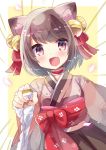  1girl :d animal_ear_fluff animal_ears bangs beige_background bell black_skirt blush bow brown_eyes brown_hair brown_kimono cat_ears commentary_request emphasis_lines eyebrows_visible_through_hair fang hair_bell hair_ornament hair_ribbon holding ichihime japanese_clothes jingle_bell kimono kuriyuzu_kuryuu long_sleeves looking_at_viewer mahjong mahjong_soul mahjong_tile obi open_mouth pleated_skirt red_bow red_ribbon ribbon sash short_hair skirt smile solo two-tone_background white_background wide_sleeves 