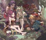  3boys 3girls angela_(seiken_densetsu_3) arm_wrestling baggy_clothes bare_shoulders barefoot black_footwear black_gloves blonde_hair blue_eyes breasts brown_eyes charlotte_(seiken_densetsu_3) cleavage dappled_sunlight dark_skin duran_(seiken_densetsu_3) footwear_removed gloves green_eyes hair_ornament hawkeye_(seiken_densetsu_3) highres kevin_(seiken_densetsu_3) large_breasts lil&#039;_cactus long_hair medium_breasts multiple_boys multiple_girls pointy_ears purple_hair red_hair riesz seiken_densetsu seiken_densetsu_3 sitting sunlight sword tennohi weapon 