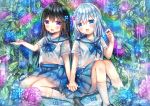  2girls :d bangs black_hair blue_bow blue_eyes blue_flower blue_sailor_collar blue_skirt blush bow brown_footwear commentary_request eyebrows_visible_through_hair flower hair_between_eyes hair_ornament hand_up highres holding_hands hydrangea interlocked_fingers kohaku_muro loafers long_hair multiple_girls open_mouth original pleated_skirt purple_eyes purple_flower rain sailor_collar school_uniform see-through serafuku shirt shoes short_sleeves signature silver_hair skirt smile socks very_long_hair wet wet_clothes wet_shirt white_legwear white_shirt 