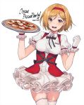  1girl :d alternate_costume blonde_hair brown_eyes clenched_hand djeeta_(granblue_fantasy) dress english_commentary english_text eyebrows_visible_through_hair food gloves granblue_fantasy hairband holding holding_food looking_at_viewer nagu name_tag open_mouth pizza red_hairband short_hair simple_background smile solo thighhighs white_background white_dress white_gloves white_legwear 