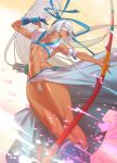  1girl arrow_(projectile) bow_(weapon) breasts dark_skin eyepatch highres large_breasts long_hair majikina_mina ponytail quiver revealing_clothes samurai_spirits tomoyuki_kotani very_long_hair weapon white_hair 