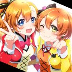  2girls :d bangs blue_eyes blush bow bowtie closed_mouth commentary_request eyebrows_visible_through_hair eyelashes green_eyes hair_between_eyes highres hoshizora_rin kousaka_honoka long_hair looking_at_viewer love_live! love_live!_school_idol_project multiple_girls one_eye_closed open_mouth orange_hair paw_pose pink_neckwear pon_yui shiny shiny_hair short_hair simple_background smile teeth tied_hair tongue upper_teeth v white_background 