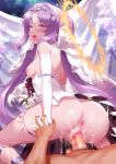 1boy 1girl absurdres anus armlet ass black_ribbon blush breasts censored commentary_request detached_sleeves diadem dress dress_tug elbow_gloves euryale fanbox_reward fate/grand_order fate/hollow_ataraxia fate_(series) gloves goddess hetero highres holding_hands interlocked_fingers long_hair looking_back m-da_s-tarou male_pubic_hair mosaic_censoring nipples open_mouth paid_reward penis pubic_hair purple_eyes purple_hair pussy pussy_juice reverse_cowgirl_position ribbon sex slit_pupils small_breasts straddling strapless strapless_dress sweat thighlet tiara twintails vaginal white_dress 