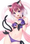  1girl :3 :d animal_ears anz32 bangs bare_shoulders bikini blush bridal_gauntlets cat_ears cat_girl cat_tail collarbone commentary_request eyebrows_visible_through_hair fang flower gradient_hair hagoromo hair_between_eyes hair_flower hair_ornament hands_up multicolored_hair multiple_tails navel open_mouth paw_pose princess_connect! princess_connect!_re:dive purple_bikini purple_eyes purple_hair red_flower ribbon-trimmed_bikini ribbon_trim shawl side-tie_bikini simple_background smile solo swimsuit tail tamaki_(princess_connect!) two_tails white_background white_hair 