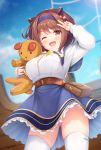  1girl ;d arm_up ass_visible_through_thighs bangs belt blue_hairband blue_skirt blue_sky blush breasts brown_eyes brown_hair day draph eyebrows_visible_through_hair granblue_fantasy hair_bobbles hair_ornament hairband highres horns kusunoki_(escude) large_breasts long_sleeves looking_at_viewer one_eye_closed open_mouth oppai_loli outdoors panties pantyshot pink_panties shirt short_hair skindentation skirt sky smile solo standing stuffed_animal stuffed_toy thighhighs underwear v white_legwear white_shirt yaia_(granblue_fantasy) 