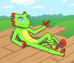  anthro cel_shading chameleon cloud featureless_crotch forest gesture lizard looking_at_viewer lying male nude on_back outside playtonic_games pointing raised_arm reptile scalie shadow smile smirk solo toony tree video_games waitingwind yooka yooka-laylee 