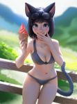  1girl absurdres animal_ears bangs bikini black_bikini black_hair blue_eyes blush bo_xun_lin breasts cat_ears cat_girl cat_tail cleavage day eyebrows_visible_through_hair eyewear_on_head fangs food highres ice_cream large_breasts looking_at_viewer navel original outdoors parted_bangs short_hair smile solo sunglasses swimsuit tail teeth 