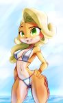  2020 activision anthro bandicoot bikini blonde_hair clothed clothing coco_bandicoot countershade_face countershade_torso countershading crash_bandicoot_(series) cute_fangs eyelashes female front_view green_eyes hair hand_on_hip hi_res jaynatorburudragon mammal marsupial navel orange_body portrait pose signature smile solo swimwear tan_countershading three-quarter_portrait three-quarter_view video_games 