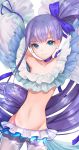  1girl amripo bangs bare_shoulders blue_eyes blue_ribbon blush choker earrings fate/grand_order fate_(series) flat_chest frills hair_ribbon highres jewelry long_hair looking_at_viewer meltryllis navel purple_hair ribbon skinny smile very_long_hair 