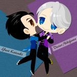  2boys :&gt; bags_under_eyes black_hair black_pants blue_eyes brown_eyes character_name collared_shirt epaulettes hair_slicked_back highres holding_hands ice_skates kaorin_minogue katsuki_yuuri looking_at_another male_focus multiple_boys open_mouth pants shirt silver_hair skates smile star-shaped_pupils star_(symbol) symbol-shaped_pupils viktor_nikiforov yaoi yuri!!!_on_ice 