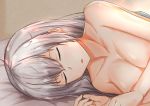  1girl absurdres bare_shoulders bed bedroom breasts cleavage closed_eyes collarbone girls_frontline grey_hair highres huge_filesize long_hair medium_breasts nude open_mouth simple_background sleeping solo sunlight svd_(girls_frontline) svd_fun 